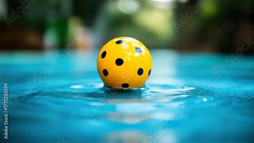 Yellow Pickleball Bouncing and Floating on Clear Water Surface