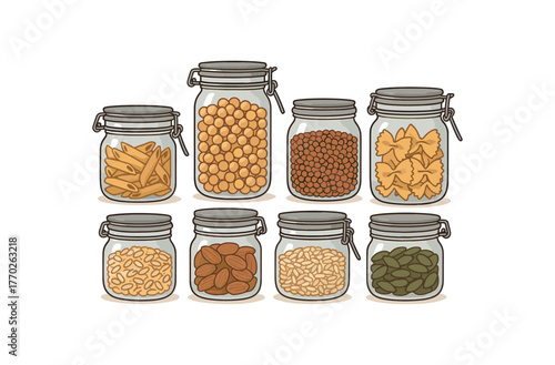 glass jars pantry organization and zero waste food storage flat vector illustration style isolated on white background