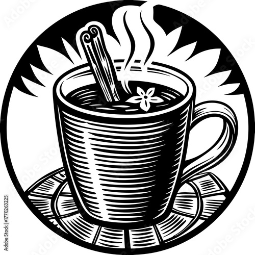 Hot spiced cider drink with cinnamon stick