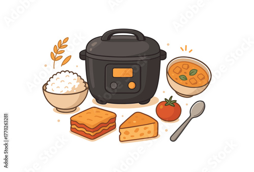 rice cooker convenient meals and kitchen technology flat vector illustration style isolated on white background
