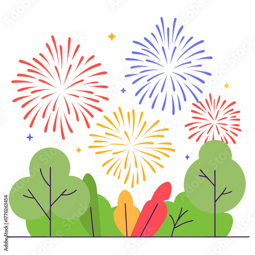 Colorful fireworks over trees isolated on a illustration