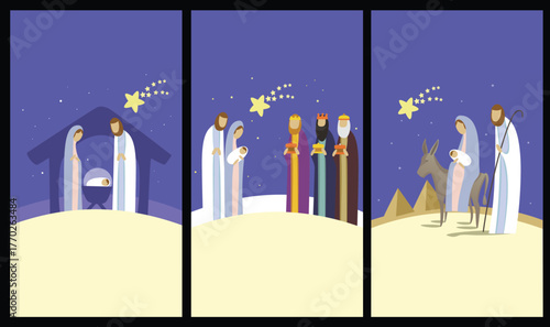 Vertical Christmas Illustrations Set. Modern minimalist Nativity illustrations set in vertical mobile format. Holy family, wise men, and journey to Egypt — simple geometric Christmas design collection