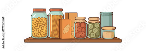 pantry shelf organized storage and food preservation flat vector illustration style isolated on white background