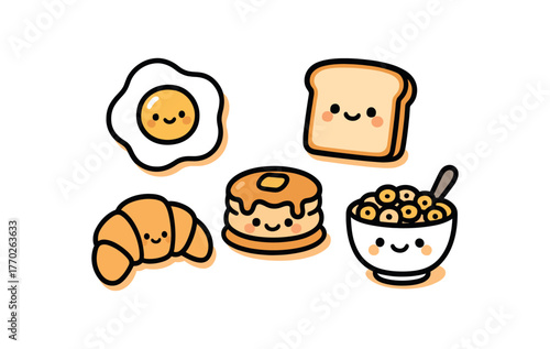 kawaii doodle illustration of breakfast food with cute smiling faces including fried egg toast croissant pancake and bowl of cereal bold black outline minimal details light orange drop