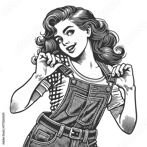 cheerful woman in denim overalls posing confidently with a fun, flirty expression sketch engraving generative ai fictional character vector illustration. Scratch board imitation. Black and white image