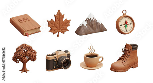 Collection of travel and outdoor items isolated on transparent background