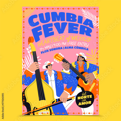 Cumbia music poster with Latin musicians and instruments in hand-drawn flat cartoon style