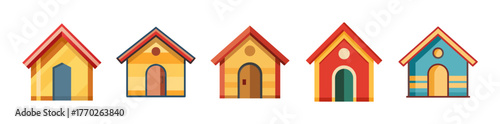 Set of five colorful cartoon dog houses with different doors and roofs