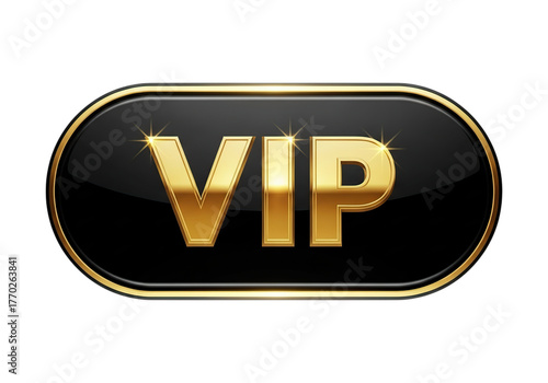 Vip text on a black and gold oval button isolated on transparent background