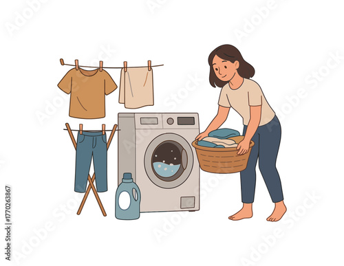 laundry day household chores and daily home life flat vector illustration style isolated on white background