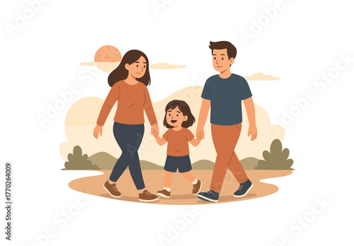 evening walk together daily exercise and family connection flat vector illustration style isolated on white background