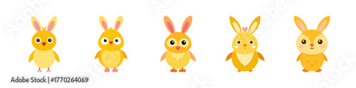 Cute yellow chick with bunny ears character design collection