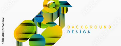 Abstract geometric shapes overlap, creating vibrant colorful background. Modern design utilizes gradients, curves, lines.