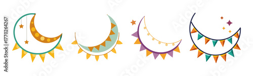 Whimsical crescent moon garland with stars and bunting