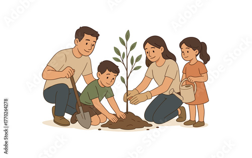 family planting tree sustainability habits and shared values flat vector illustration style isolated on white background
