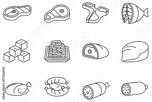 "Icons of Fish, Meat, and Processed Food Items."