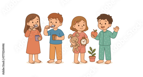 kids bedtime routine brushing teeth and healthy habits flat vector illustration style isolated on white background