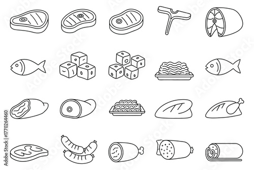 "Icons of Fish, Meat, and Processed Food Items."