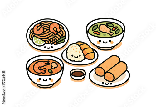 kawaii doodle illustration of Thai food with cute smiling faces including pad thai green curry mango sticky rice tom yum soup and spring bold black outline minimal details light orange drop