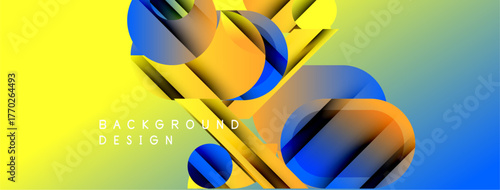Abstract geometric shapes overlap, creating vibrant gradient background. Yellow transitions to blue, modern design element.