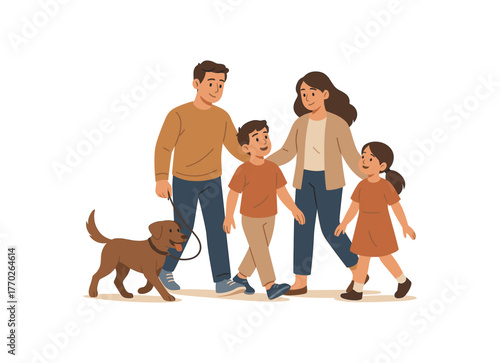 family evening walk with dog outdoor bonding and everyday moments flat vector illustration style isolated on white background