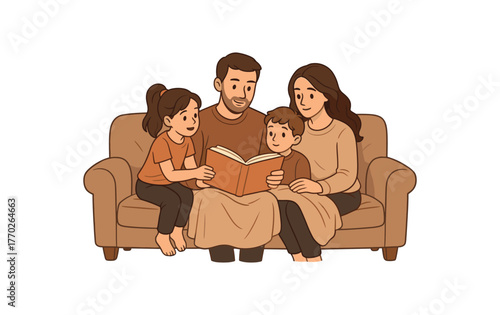 kids storytime on sofa cozy evening and family reading tradition flat vector illustration style isolated on white background