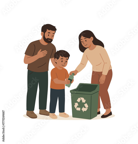 parents teaching child recycling eco habits and shared values flat vector illustration style isolated on white background