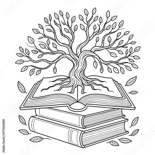 A detailed vector illustration of an open magical book with pages 