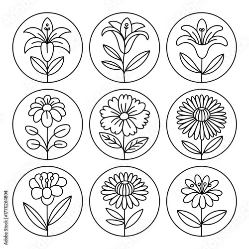 nine different flowers vector style coloring page 