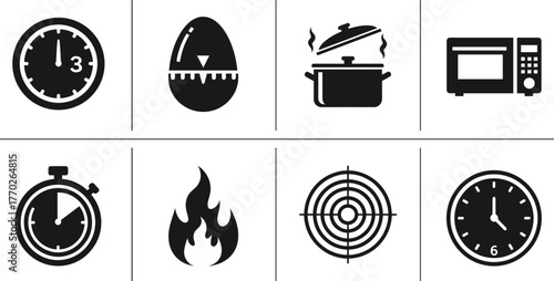 Cooking and timing icons, kitchen timer, microwave, stopwatch, flame, pot with steam, clock face, precision tools, black vector set