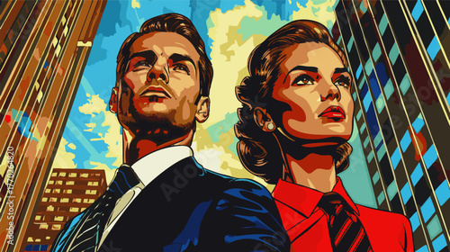 powerful man and woman in business attire standing tall among skyscrapers, symbolizing ambition and leadership. Generative ai vector colorful illustration.