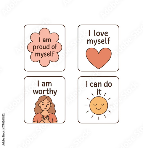affirmation cards self esteem building and positive thoughts flat vector illustration style isolated on white background