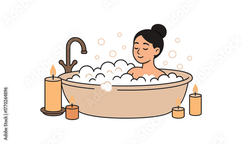 bubble bath candles relaxation space and stress relief routine flat vector illustration style isolated on white background