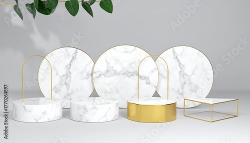 Product mockup: Geometric pedestals in a minimalist scene, with leaves