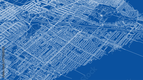 Detailed Urban Blueprint on Blue Background