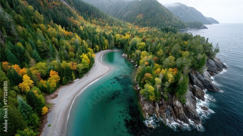 Aerial View Of A Lush Autumn Forest Meeting The Turquoise Ocean On A Cloudy Day With Rocky Shoreline And Winding Beach