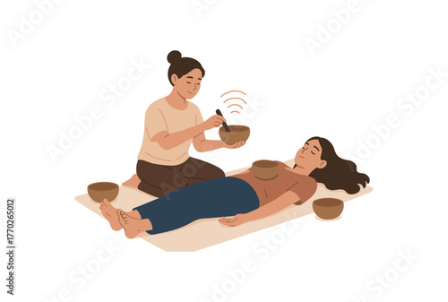 sound therapy session healing vibrations and deep relaxation flat vector illustration style isolated on white background