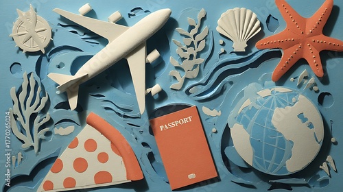 Creative paper art collage of world travel theme, airplane, passport, smartphone, pizza slice, starfish, and globe, cutout layered paper style with shadows made with Ai 1