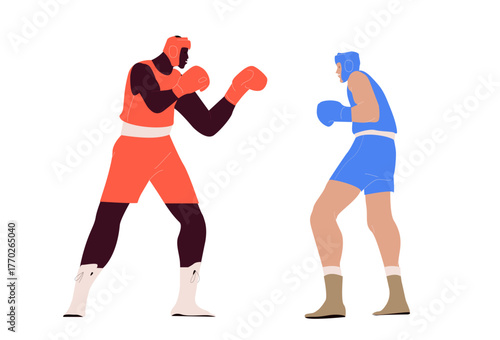 Boxers training and fighting. Flat vector illustration isolated on white background.