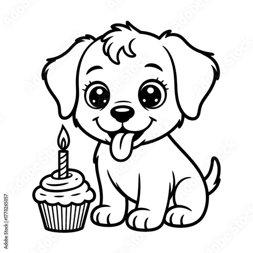 Cute puppy celebrating its birthday coloring page 