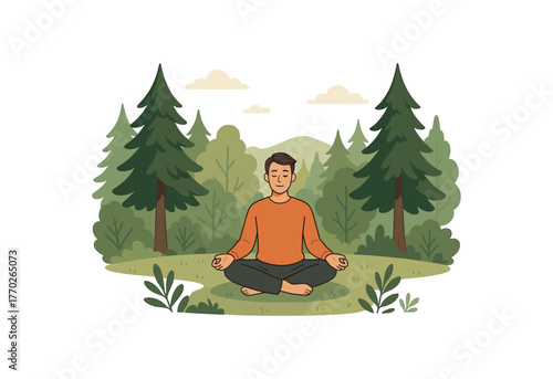 forest retreat nature escape and mental recharge flat vector illustration style isolated on white background