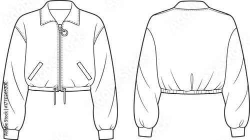 Cropped jacket fashion flat, zipper front, drawstring hem, collar, slanted pockets, cuffed sleeves, technical sketch, front back view