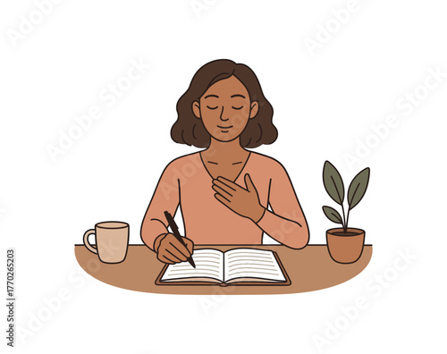 mindful journaling morning reflection and self awareness ritual flat vector illustration style isolated on white background