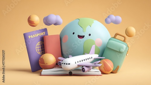 Playful cartoon-style travel concept with cute airplane, funny passport, smiling globe, and colorful background, bright and happy colors made with Ai 1