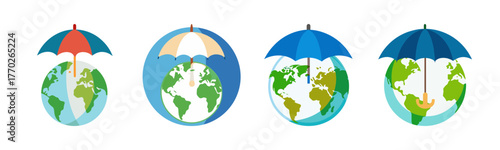 Earth protected by umbrellas symbolizing safety and care