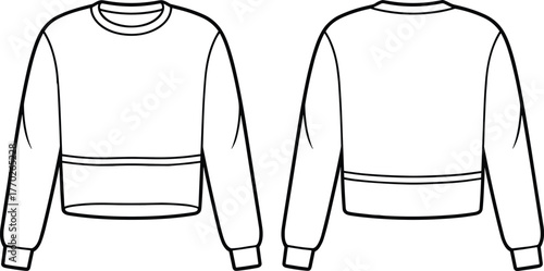 Cropped sweatshirt fashion flat, crew neckline, ribbed cuffs, ribbed hem, long sleeves, technical sketch, front back view, garment construction