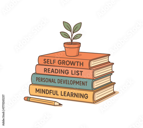 self growth reading list personal development and mindful learning flat vector illustration style isolated on white background