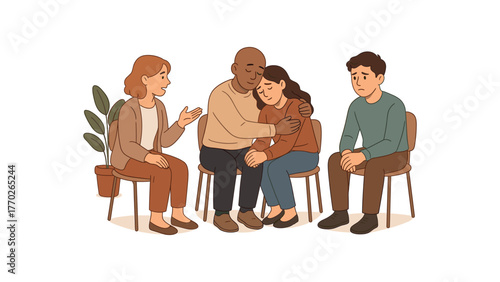 mental health support group safe space and emotional connection flat vector illustration style isolated on white background