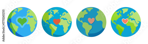 Four planet earths with hearts symbols representing love globe abstract art