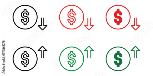 Dynamic Dollar Price Up and Down Icon Vector. Essential flat sign for visualizing Money Cost Growth, Decline, and Cost Reduction in business.